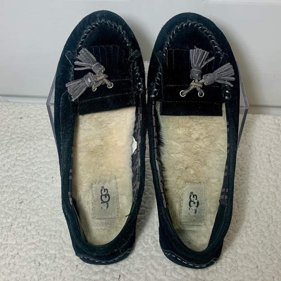 UGG Moccasin “Lizzy” Black Suede Women's Lambs Fur Size 8 - Picture 2 of 9